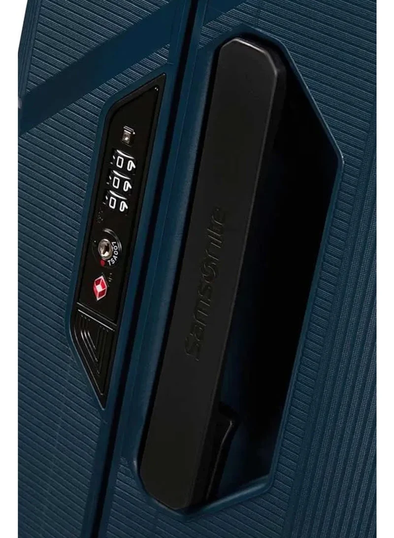 Samsonite blue magnum eco suitcase cabin size 55 cm / 20 inch, 4 spinner wheels, polypropylene, blue|removable divider pads|recyclex material technology|3 point locking system|id tag - 5 years international warranty  | Best Price UAE